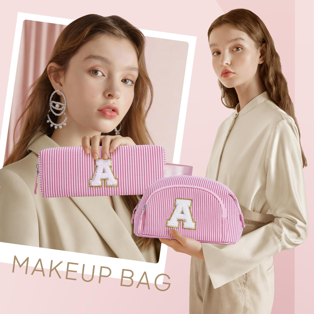 YOOLIFE Easter Gifts for Teens Girls Kids, Initial Travel Makeup Bag Cosmetic Bag Pink | Teen Girl Gifts, Gift for Women Friend Birthday Gift 11 12 13 14 15 Year Old Girl Easter Basket Stuffers Pink A