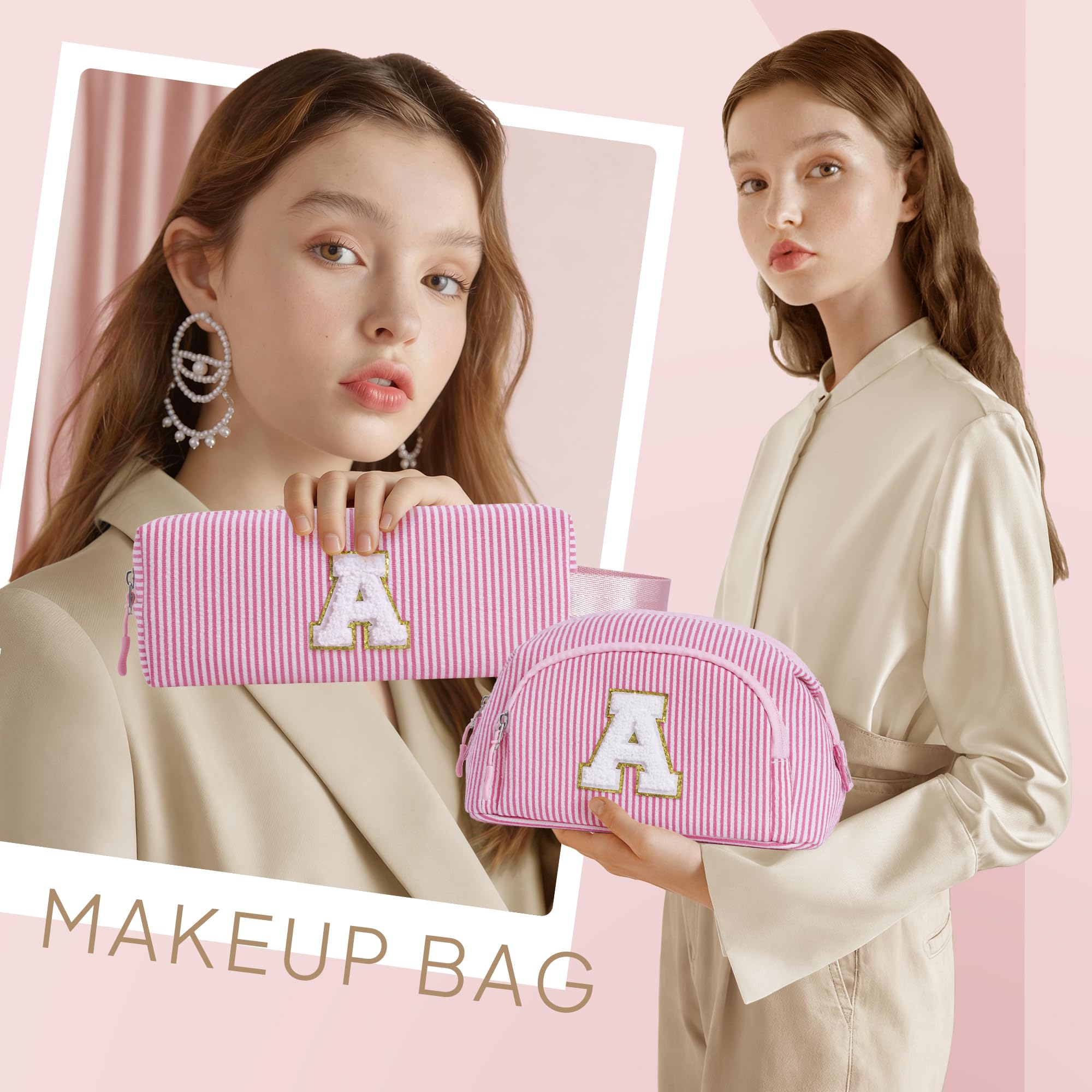 YOOLIFE Easter Gifts for Teens Girls Kids, Initial Travel Makeup Bag Cosmetic Bag Pink | Teen Girl Gifts, Gift for Women Friend Birthday Gift 11 12 13 14 15 Year Old Girl Easter Basket Stuffers Pink A