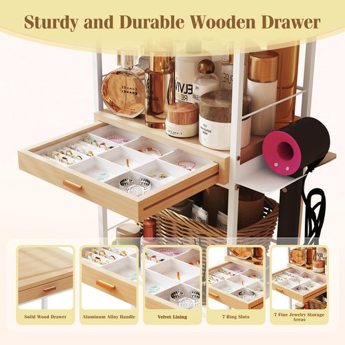 Makeup Organizer Cart with Wooden Drawer, 2-in-1 Floor Skincare Organizers with Jewelry Storage, 16.5'' L x 11.8'' W x 34.2'' H Large Make Up Organizers Vanity Organizer for Skin Care Hair Tool