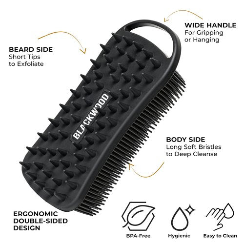 Blackwood For Men Double Duty Beard & Body Scrubber - Dual-Sided Men's Shower Tool - Handheld Body Wash Brush with Long Soft Silicone Bristles for Deep Cleaning - Short Exfoliating Tips for Beard Care