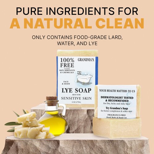 Grandma's Pure Lye Soap Bar by CLASSYONE – Unscented Face & Body Wash Soap for Dry & Itchy Skin, Bundled with Wonder Wafers Baby Powder Air Freshener - 6.0 oz, Pack of 6