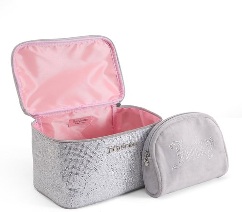 Juicy Couture Silver Sparkle Makeup Bag Set - Travel Essentials Organizer with Glitter & Rhinestones