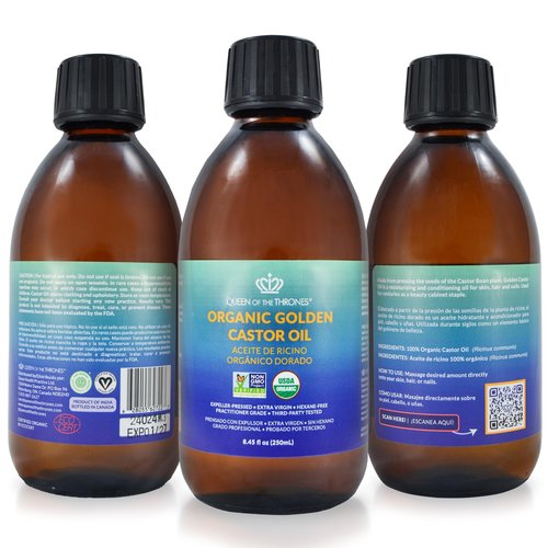 QUEEN OF THE THRONES Organic Golden Castor Oil | 100% Pure for Hair, Skin, Nails, Brows & Lashes | Hexane-Free | USDA Certified [8.4oz (250ml)]