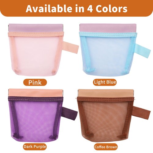Mini Zipper-Free Pouches, Small Quick-Open Mesh Bags for Makeup Lipsticks Cards, Clear Purse Organizer Daily Essentials Storage Bags, Small Auto-Close Pouches (Pink&Light Blue&Dark Purple&Coffe Brown)