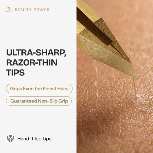 Beauty Power Professional Tweezers Set – Slant & Point, Ultra Precision German Stainless Steel Tweezers for Eyebrows, Chin, Ingrown Hair & Facial Grooming – Lightweight with Case - Gift Idea - Gold