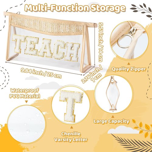 Belanttega Boho Patch TEACH Cosmetic Bag - Teacher Appreciation Gifts Teach Chenille Varsity Letter Clear Toiletry Makeup Bag Waterproof Portable Woven Makeup Pouch Summer Travel Pouch for Women Girls