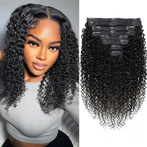 3C 4A Kinky Curly Clip in Hair Extensions Human Hair for Black Women - 8Pcs 18Clips Double Weft Brazilian Remy Human Hair Thick to Ends 120G/4.2oz Natural Black (12 inch)