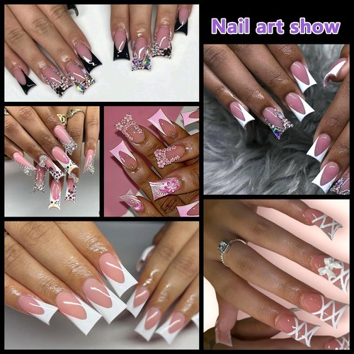 Laza 120pcs Medium Length Duck Nail Tips with Auxiliary Lines 12 Sizes Box-packed Clear Duck Nails Full Cover Wide Nail Tips French False Nail Tips for Acrylic Nails Extension Tips