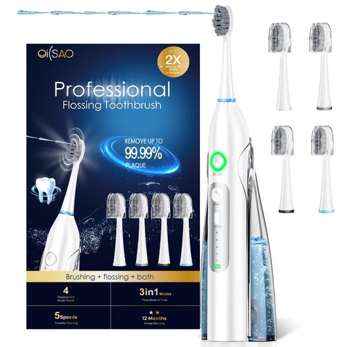 OILSAO Electric Toothbrush with Water Flosser, All in One Sonic Flossing Toothbrush with 3 Modes & 5 Flossing Speeds & 4 Brush Heads, Rechargeable & Portable for Adult Teeth Cleaning,White