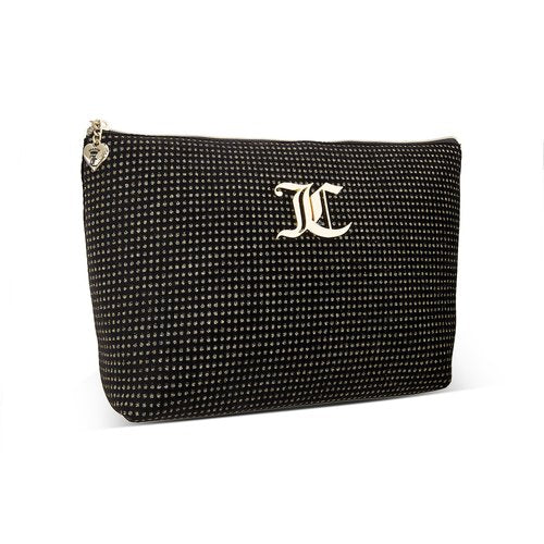 Juicy Couture Black Makeup Bag Cosmetics Organizer Travel Essentials Zip Top Wedge Velour Glitter Dots