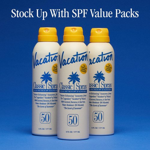 Vacation Classic Sunscreen Spray SPF 50, Water-Resistant, Lightweight, Transparent on All Skin Tones, Dermatologist-Tested, Vegan, 6 Fl. Oz. (Value Pack of 3)