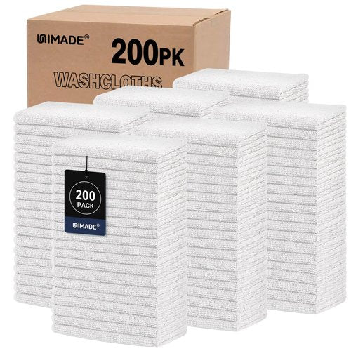 UNIMADE Washcloths Bulk - 200 Pack - Face Towels (12" x 12"), Highly Soft Wash Cloths and Hand Towels, Fast Drying Multi-Purpose Microfiber Cleansing Cloths for Bathroom, Hotel, Spa, and Salon - White