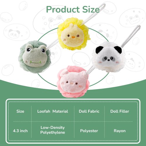 4 Pcs Kids Shower Loofah Set - Cute Animal Body Scrubber Sponges, Gentle Exfoliating Pouf for Boys and Girls Bath Time, Soft Bath Sponges for Children (Assorted Animals)