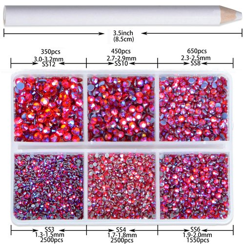 8000pcs Hotfix Rhinestones Flatback,Rhinestones for Crafts Clothes Mixed 6 Sizes, Hotfix Crystals with Wax Pencil Kit, SS3-SS12,Siam AB