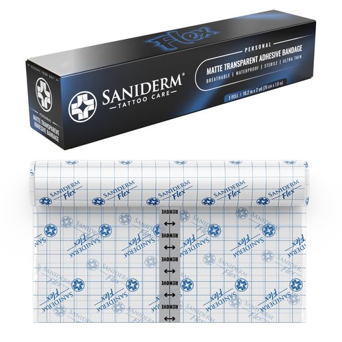 Saniderm Flex Tattoo Aftercare Bandage (New) (Personal Roll, 10.2 in x 2 yd) – Faster Tattoo Healing and Protection – Sterile, Waterproof, Flexible, Latex-Free, Tattoo Aftercare Wrap – Matte Finish