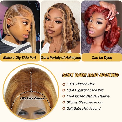 CLong Highlight Ombre Lace Front Wig Human Hair, 10 inch 13x4 Lace Wig Transparent 4/27 Short Bob Wigs For Black Women Human Hair 150% Density (4/27 Bob Wig,10inch)