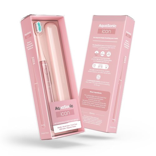 Aquasonic Icon ADA-Accepted Rechargeable Toothbrush | Magnetic Holder & Slim Travel Case | 2 Brushing Modes & Smart Timers | Gentle Micro-Vibrations (Blush)