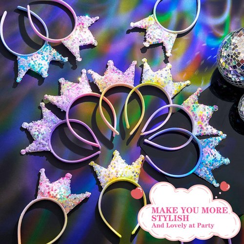 Juexica 24 Pcs LED Princess Crown Headbands Glow Sequin Glitter Light up Crown Headbands for Girls Women Tiara Princess Birthday Party Favors Bling Hair Accessories