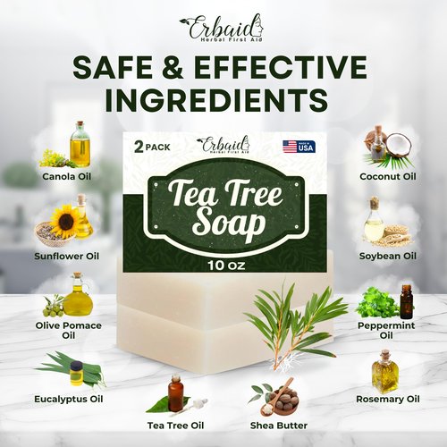 Erbaid Tea Tree Soap – Natural Defense Tea Tree Oil Soap Bar for Face & Body – Remedy Fights Acne, Skin Irritation, and Prevents Breakouts – Deeply Cleansing, Hydrating Cleanser for Calm, Fresh Skin