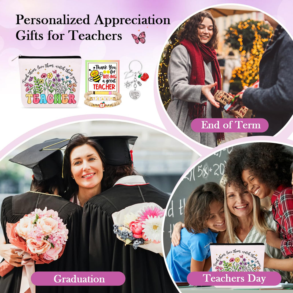 WINOWIMO Personalized Teacher Appreciation Gifts for Women, Thank You Graduation Gifts with Teacher Makeup Bag, Initial Cute Keychain, Teach Bracelets and Thank You Card (S)