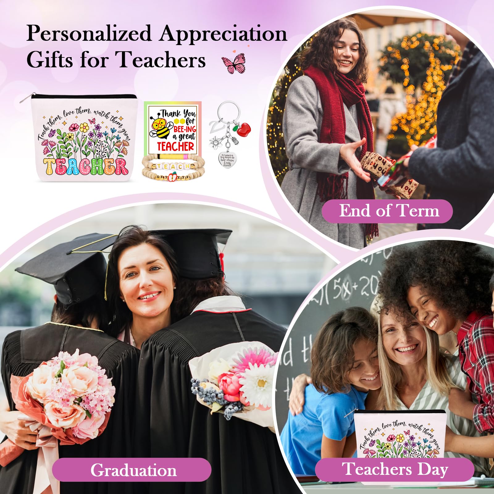 WINOWIMO Personalized Teacher Appreciation Gifts for Women, Thank You Graduation Gifts with Teacher Makeup Bag, Initial Cute Keychain, Teach Bracelets and Thank You Card (S)