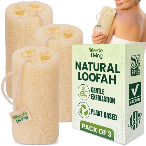 Verde Living 100% Natural Loofah Sponge for Body - 3 Loofa Pack 6 Inch Exfoliating Sponge with Drawstring - Large Organic Shower Loofah for Men and Women