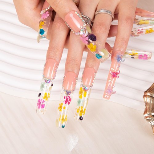 LOVFUL Press on Nails Flora | Handmade with Full Covered Crystals | Reusable Full Cover Nails | Square Long 2.2 in | H176-M