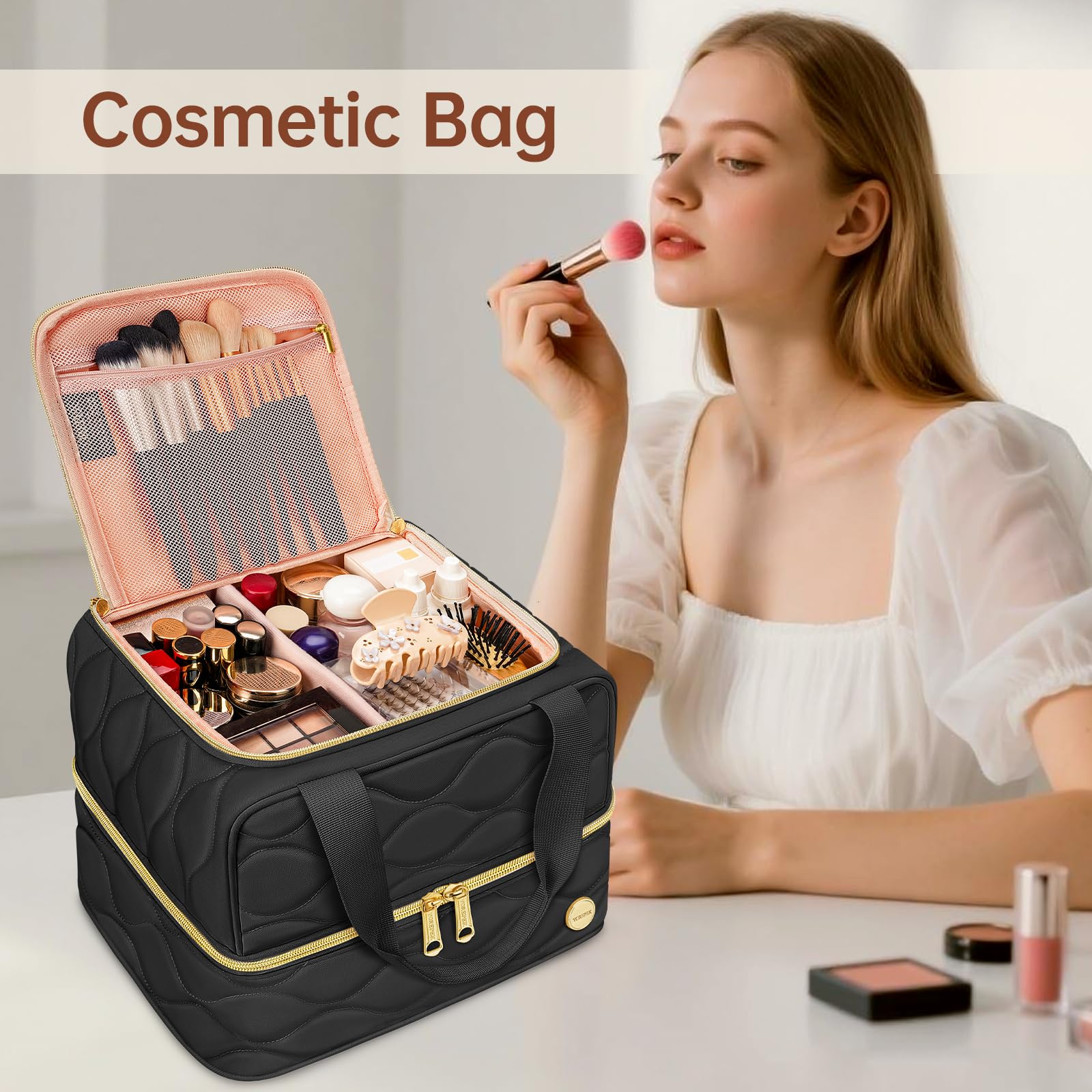 YOREPEK Travel Makeup Organizer Bag, 2-Layer Cosmetic Bags for Women, Portable Makeup Box Cases for Daily Use, Skincare, Brushes, Powders, Palettes, Makeup Tools– cosmetiquera para maquillaje，Black