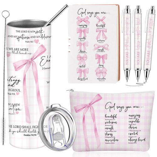 Patelai 6 Pcs Pink Bow Christian Gift for Women Coquette Makeup Bag Christian Tumbler Bible Coquette Gifts for Girls Religious Pink Bow Notebook Ballpoint Pen for Daughter Sister Church School