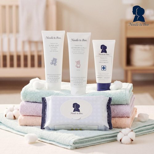 Noodle & Boo Fragrance-Free Baby Skincare Bundle - 4-Piece Set with Ointment, Shampoo, Lotion & Cloths for Sensitive Skin