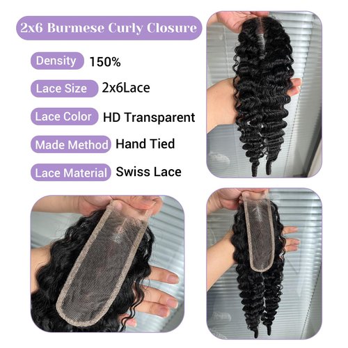 DSEKCAIN 2x6 Burmese Curly Closure 100% Real Human Hair Water Wave 2x6 Transparent HD Lace Closure Natural Black 1B Color 16 Inch