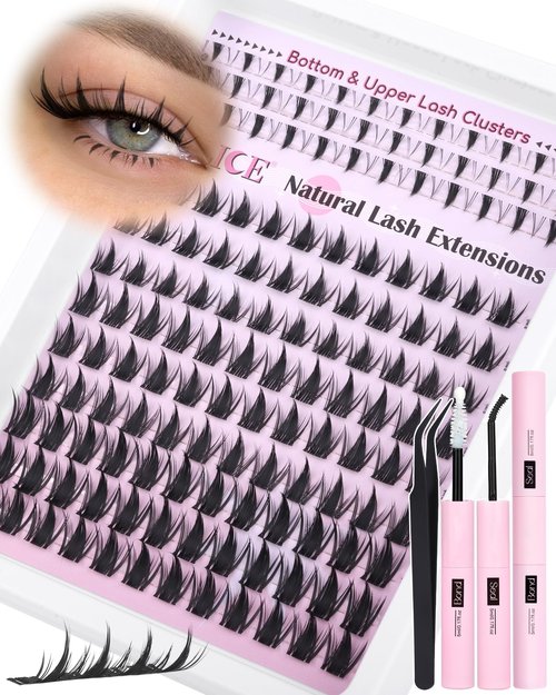 ALICE Manga Lash Clusters Kit Clear Band Natural Lash Extensions Kit 5-14mm Wispy Cluster Eyelash Extension Kit DIY Invisible Band Individual Cluster Lashes with Spiky Bottom Lashes Bond and Seal