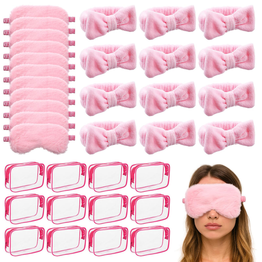 Yuanan 36 Pcs Spa Headband for Women, Makeup Cosmetic Headband for Women 12 Spa Headbands Plush Sleep Eye Mask 12 Clear Cosmetic Bags Sleepover Party Supplies for Girls Christmas Spas Party Favors