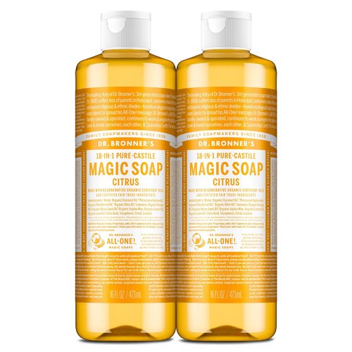 Dr. Bronner's Pure-Castile Magic Liquid Soap (Citrus, 16 Ounce, 2-Pack)- Made with Regenerative Organic Certified Oils, 18-in1 Uses: Face, Hair, Hand & Body Soap, Laundry, Pets- Concentrated, Vegan