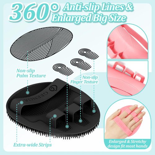 GEENOA Upgrade Silicone Bath Glove 2PCS, 360° Anti-Slip & Enlarged Silicone Body Scrubber for Rich Foam Deep Cleaning, Revolutionary No-Grip & Hand-fit Shower Scrubber for All Skin Types(Black+Pink)