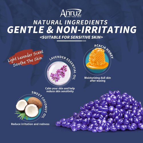 Anruz Hard Lavender Wax Beads (1lb) - Professional Hair Removal for Brazilian Bikini, Legs, Underarms, Chest - Home Waxing for Any Warmer