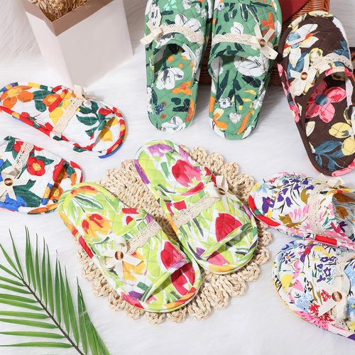 Chuarry 5 Pairs Floral Cotton House Slippers for Women, Soft Open Toe Indoor Spa Slippers for Guests Non Slip Washable Comfortable Portable Shoes for Hotel Travel Bedroom Airplane Party