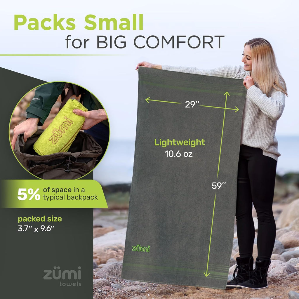 Zumi 100% Cotton Quick Dry Travel Towel - Soft, Compact, Highly Absorbent for Beach, Gym, Pool | Gray