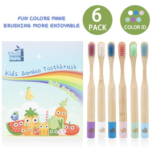 Tooth HaHa Kids Bamboo Toothbrushes, BPA-Free Soft Bristles, Eco-Friendly Natural Wooden Toddler Toothbrush, 6-Pack Travel Toothbrushes Set for Children