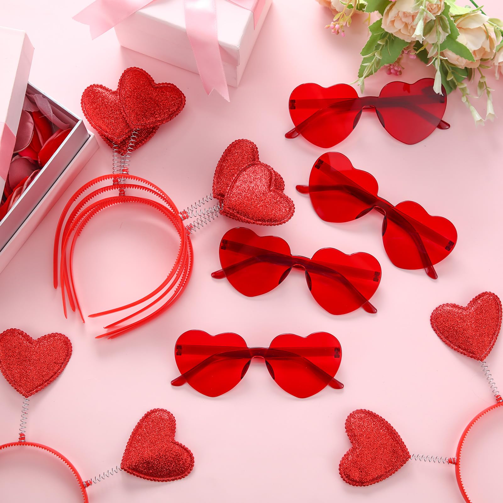 Yunsailing 48 Pcs Valentines Heart Head Boppers Headbands and Heart Sunglasses for Party Accessories(Red)