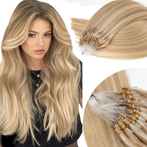 Eliysako Microlink Hair Extensions Human Hair 50g/pack Golden Brown mix Bleach Blonde 18inch Micro Loop Microbead Hair Extensions Real Smooth Human Hair Cold Fusion