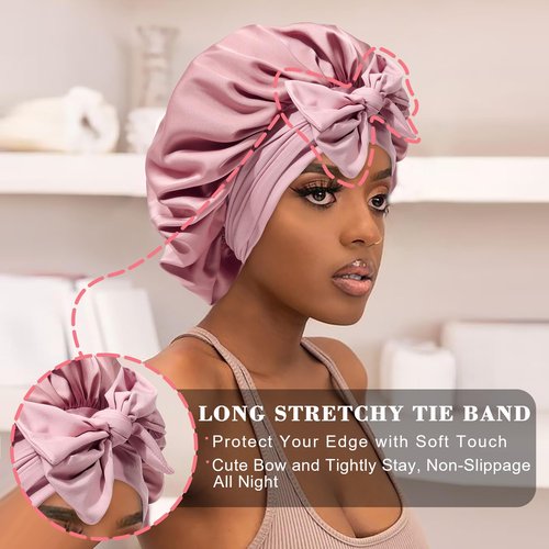 HAIMEIKANG Satin Bonnet for Women Silk Hair Bonnets for Sleeping Large Bonnets with Tie Band Night Cap Sleep Cap for Women Curly Night Cap(Bean Paste Color)