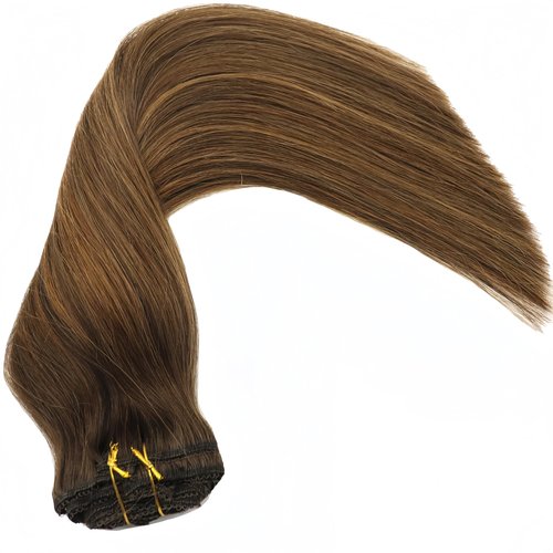 Eufficco Real Human Hair Lace Clip In Hair Extensions Thick ends Ombre Piano Color Dark Brown Roots/Chestnut Blonde 14inch 100g Highlights Balayage Double Wefted Silky Soft Human Hair Extensions
