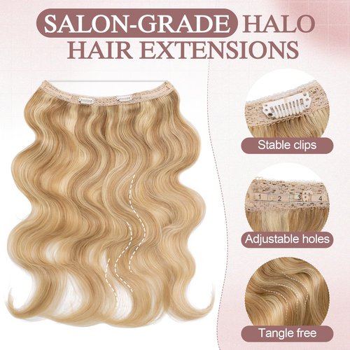 SEGO Pro Halo Hair Extensions Real Human Hair Wavy Invisible Wire Hairpiece Adjustable One Piece With 2 Secure Clips For Women to Add Length,12inch Gold Blonde Mixed Bleach Blonde,55g