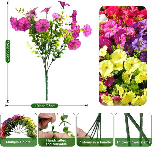 Fanfantoey Artificial Flowers - UV Resistant Silk Morning Glory Faux Plants | 14 Pcs for Outdoor Decor (Fuchsia)