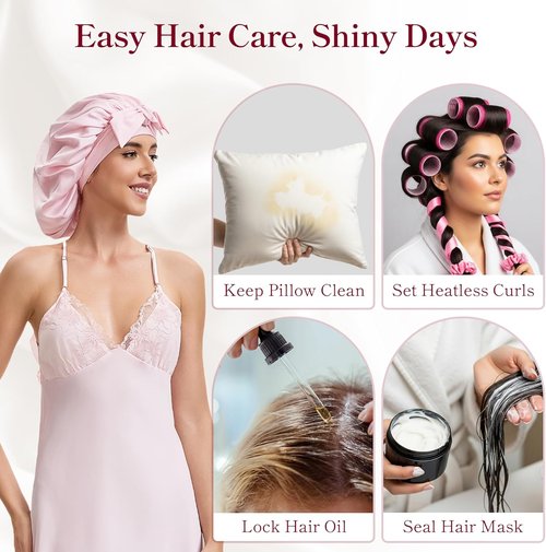 Skiennix Silk Satin Bonnet Hair Wrap - Adjustable Double Layer Night Cover for Curly Hair