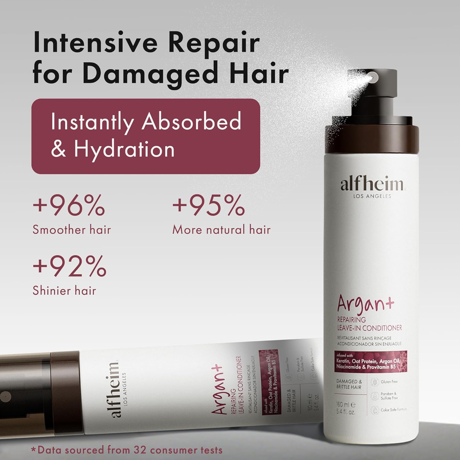 ALFHEIM Argan+ Leave-In Conditioner Spray - Repair Dry, Damaged Hair with Argan Oil & Keratin | 5.4 oz