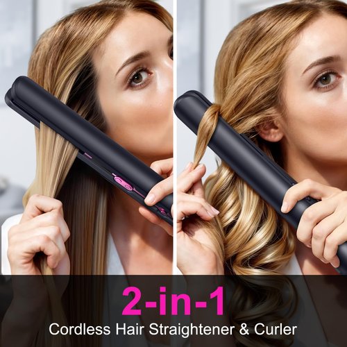 2-in-1 Cordless Flat Iron Hair Straightener & Curlerr, Rechargeable Cordless Hair Straightener with 9600mAh Battery LCD Display Negative Ion Tech 6 Adjustable Temps Heat-up in Seconds for Home Blue