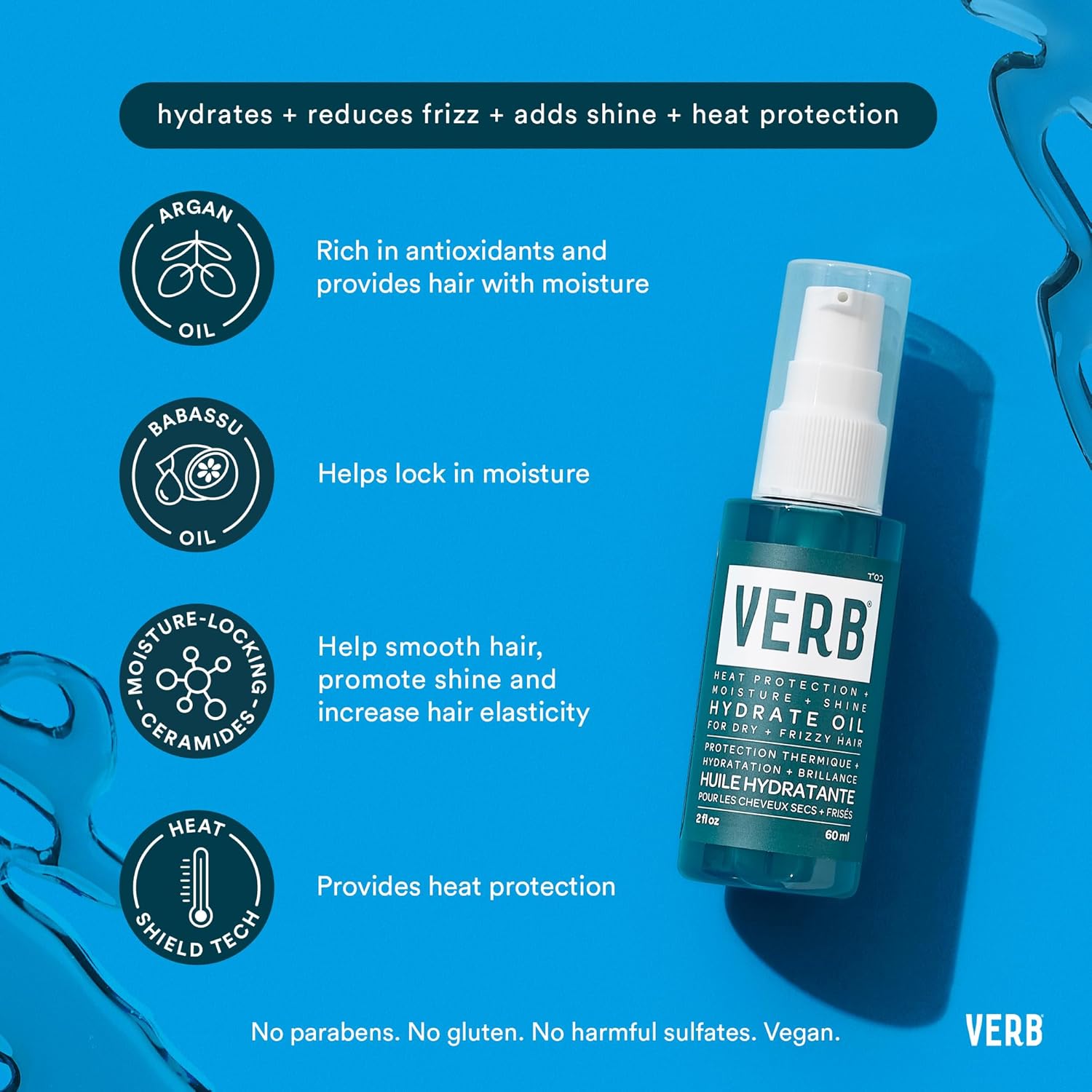 VERB Hydrate Oil - Moisturizing Formula for Smooth, Shiny Hair - Heat Protection - Amber + Warm Jasmine Scent