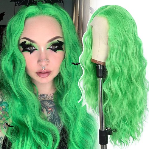 SAPPHIREWIGS 13×4 Green Synthetic Lace Front Wigs Long Body Wave Wig Pre Pluked Hairline Heat Resistant Hair for Women Wedding Party Christmas Uses 26inch